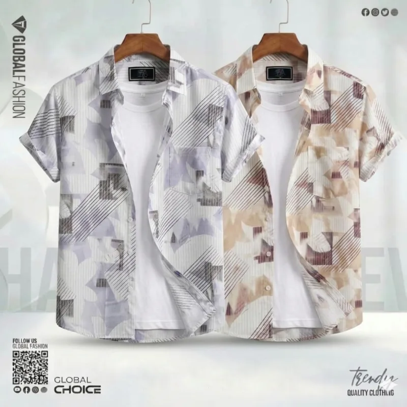 Digital Printed Premium Short Sleeve Shirt - Combo-02-(Sky &amp; Biscuit)