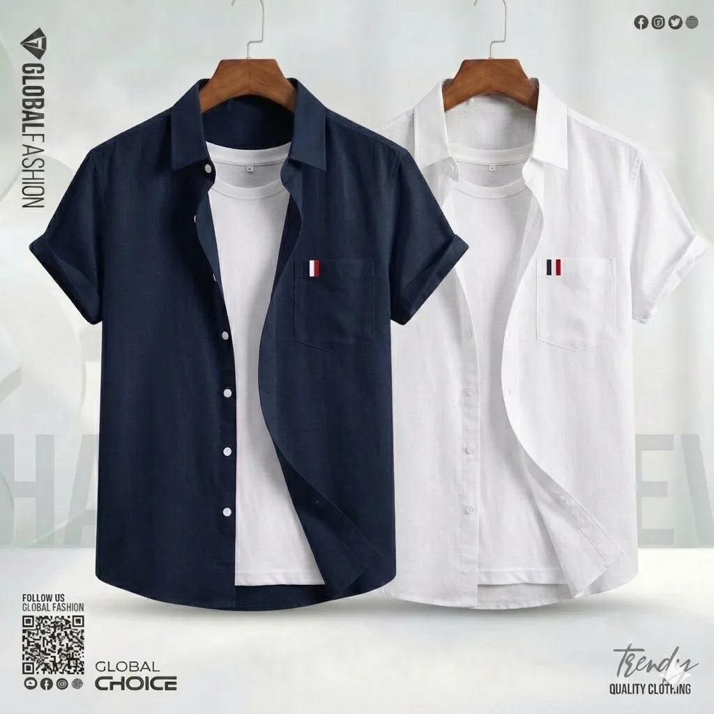 Remi Cotton Premium Short Sleeve Shirt - Combo-02-(Navy-blue &amp; Off-white)