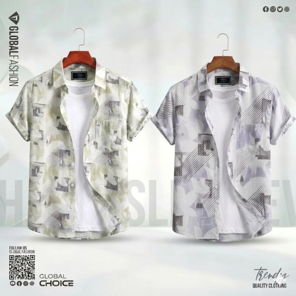 Digital Printed Premium Short Sleeve Shirt - Combo-02-(Lemon &amp; Sky)