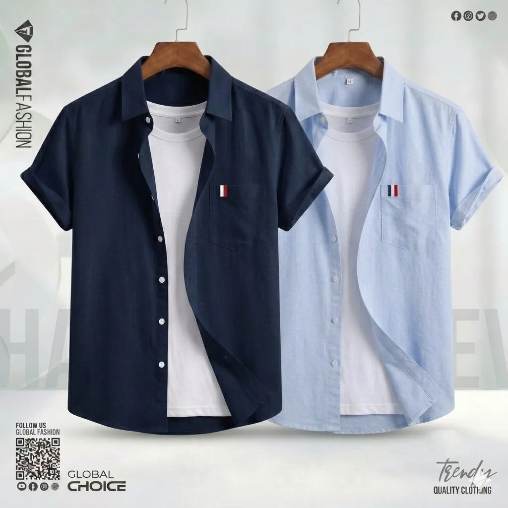 Remi Cotton Premium Short Sleeve Shirt - Combo-02-(Navy-blue &amp; Sky)