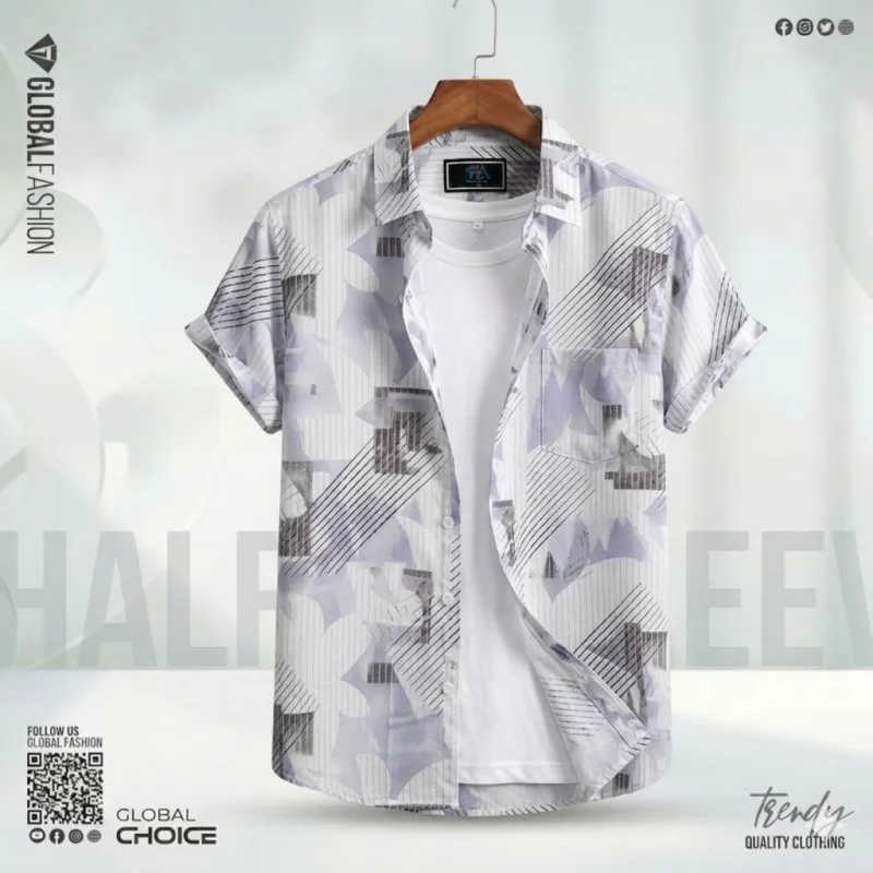 Digital Printed Premium Short Sleeve Shirt - Combo-03-(Sky, Biscuit & Lemon)